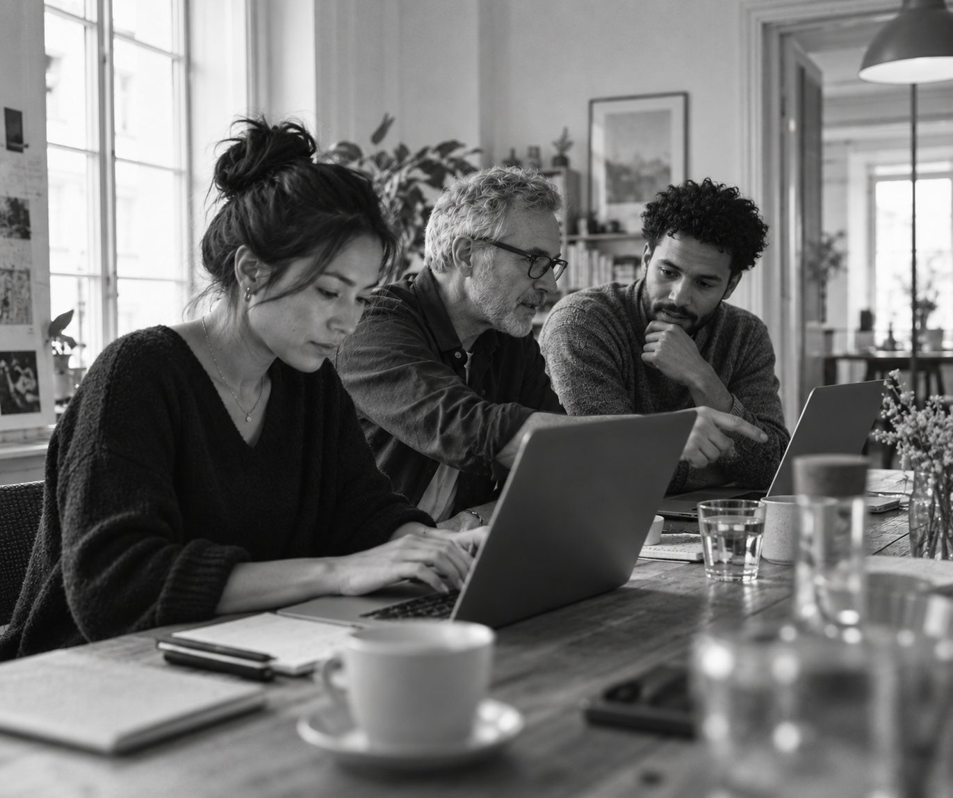 Drei Menschen sitzen an einem Holztisch vor Laptops und arbeiten gemeinsam an einer Frage.